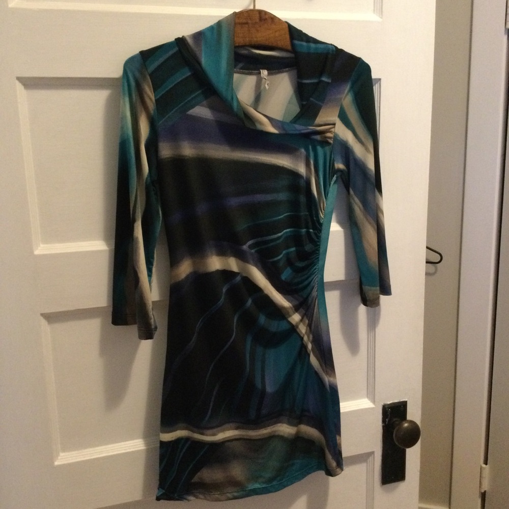 Teal and Black Abstract Print 3/4 Sleeve Dress